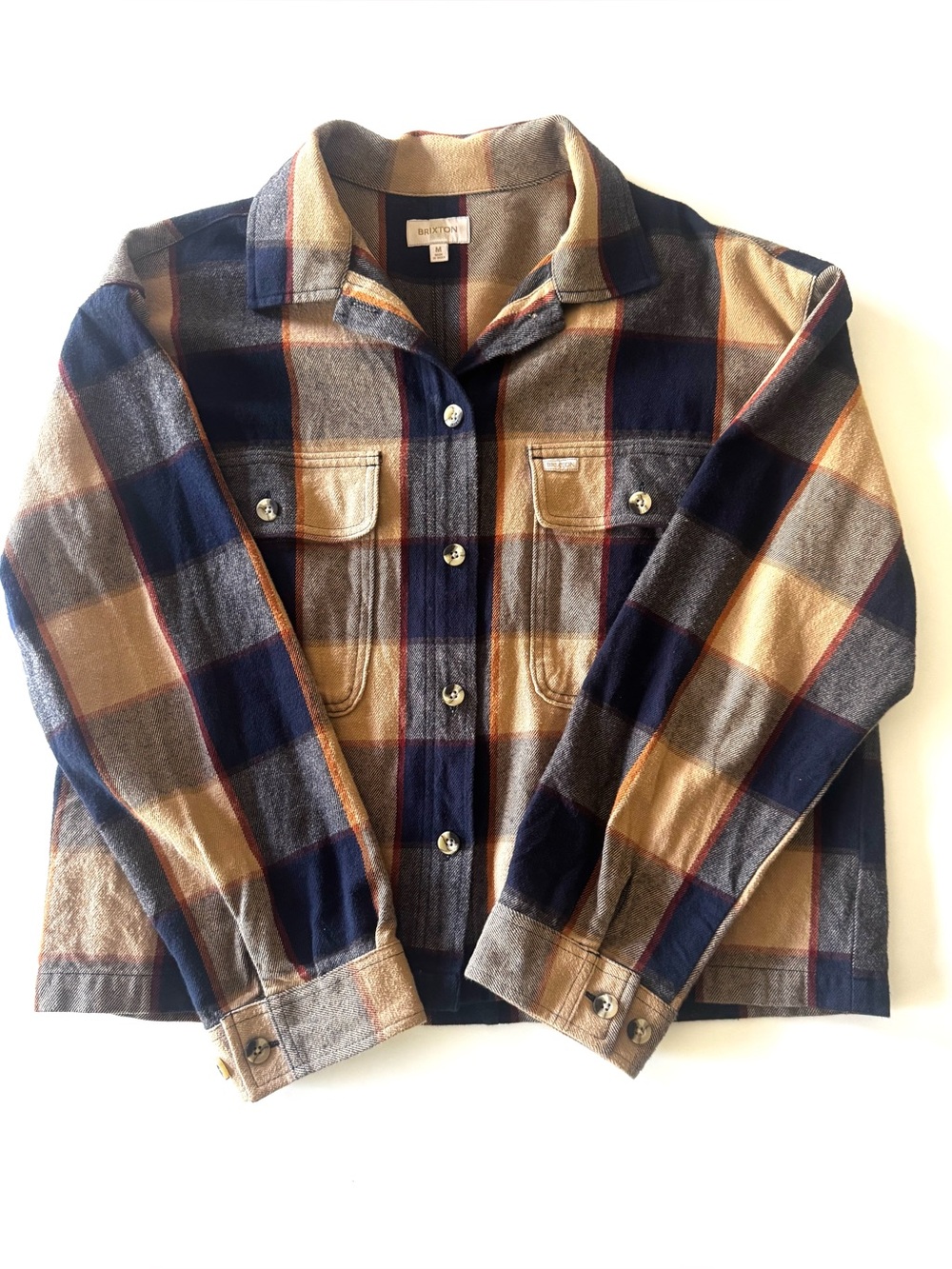 Brixton Bowery Cropped Flannel Jacket Navy Tan Plaid Shacket Size Medium